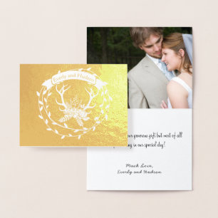 Photo Gold Foil Wreath Antlers Wedding Thank You Card