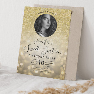 PHOTO Gold Glitter Bokeh Lights Sweet 16 Party Invitation