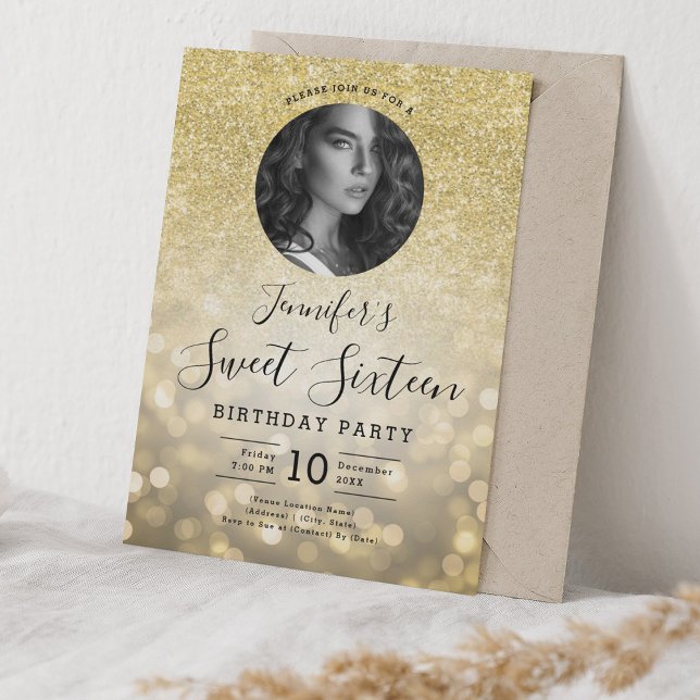 PHOTO Gold Glitter Bokeh Lights Sweet 16 Party Invitation (PHOTO Gold Glitter Bokeh Lights Sweet 16 Party Invitation)
