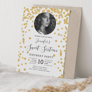 PHOTO Gold Glitter Confetti Sweet 16 Party Invitation