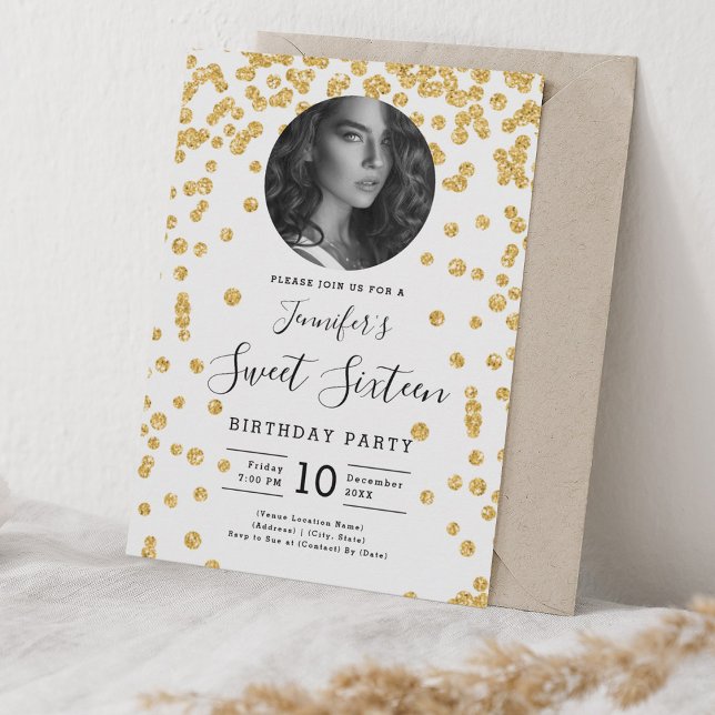PHOTO Gold Glitter Confetti Sweet 16 Party Invitation (PHOTO Gold Glitter Confetti Sweet 16 Party Invitation)