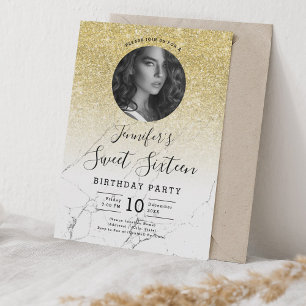 PHOTO Gold Glitter Marble Sweet 16 Party Invitation