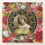 Photo Gold Gorgeous Roses Commemorative Black Onyx Glass Coaster<br><div class="desc">Give your favourite photograph a treat with this gorgeous, fancy roses and gold design. Lots and lots of beautiful, elegant vintage roses surround an ornate Baroque filigree-patterned frame waiting for your favourite portrait. Replace the sample photo with your own. Customise the text for a sweet, rose-scented, personalised gift. Perfect for...</div>