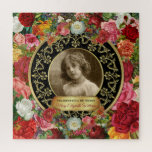 Photo Gold Gorgeous Roses Commemorative Black Onyx Jigsaw Puzzle<br><div class="desc">Give your favorite photograph a treat with this gorgeous, fancy roses and gold design. Lots and lots of beautiful, elegant vintage roses surround an ornate Baroque filigree-patterned frame waiting for your favorite portrait. Replace the sample photo with your own. Customize the text for a sweet, rose-scented, personalized gift. Perfect for...</div>