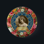 Photo Gold Gorgeous Roses Commemorative Dark Blue 6 Cm Round Badge<br><div class="desc">Give your favorite photograph a treat with this gorgeous, fancy roses and gold design. Lots and lots of beautiful, elegant vintage roses surround an ornate Baroque filigree-patterned frame waiting for your favorite portrait. Replace the sample photo with your own. Customize the text for a sweet, rose-scented, personalized gift. Perfect for...</div>