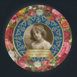 Photo Gold Gorgeous Roses Commemorative Dark Blue Paper Plate<br><div class="desc">Give your favourite photograph a treat with this gorgeous, fancy roses and gold design. Lots and lots of beautiful, elegant vintage roses surround an ornate Baroque filigree-patterned frame waiting for your favourite portrait. Replace the sample photo with your own. Customise the text for a sweet, rose-scented, personalised gift. Perfect for...</div>