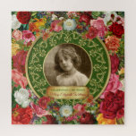 Photo Gold Gorgeous Roses Commemorative Dark Green Jigsaw Puzzle<br><div class="desc">Give your favorite photograph a treat with this gorgeous, fancy roses and gold design. Lots and lots of beautiful, elegant vintage roses surround an ornate Baroque filigree-patterned frame waiting for your favorite portrait. Replace the sample photo with your own. Customize the text for a sweet, rose-scented, personalized gift. Perfect for...</div>