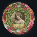Photo Gold Gorgeous Roses Commemorative Dark Green Paper Plate<br><div class="desc">Give your favourite photograph a treat with this gorgeous, fancy roses and gold design. Lots and lots of beautiful, elegant vintage roses surround an ornate Baroque filigree-patterned frame waiting for your favourite portrait. Replace the sample photo with your own. Customise the text for a sweet, rose-scented, personalised gift. Perfect for...</div>