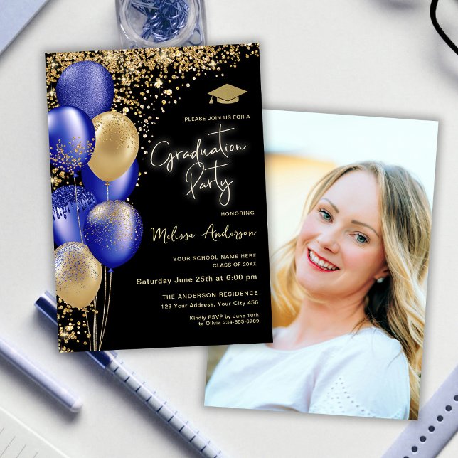 Photo Gold Graduation Party Navy Blue balloons Invitation (Creator Uploaded)