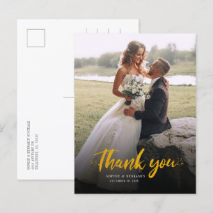 Photo Gold Hand Lettered Elegant Wedding Thank You Postcard