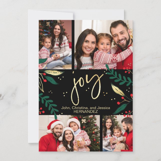 Photo Gold Joy on Black Christmas Greenery Holiday Card (Front)