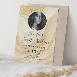PHOTO Gold Marble Glitter Sweet 16 Party Invitation