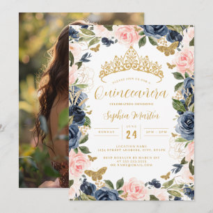 Photo Gold Pink Navy Floral Butterfly Quinceanera Invitation