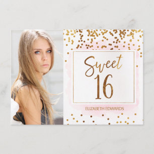 Photo Gold Pink Sweet Sixteen Birthday Invitation