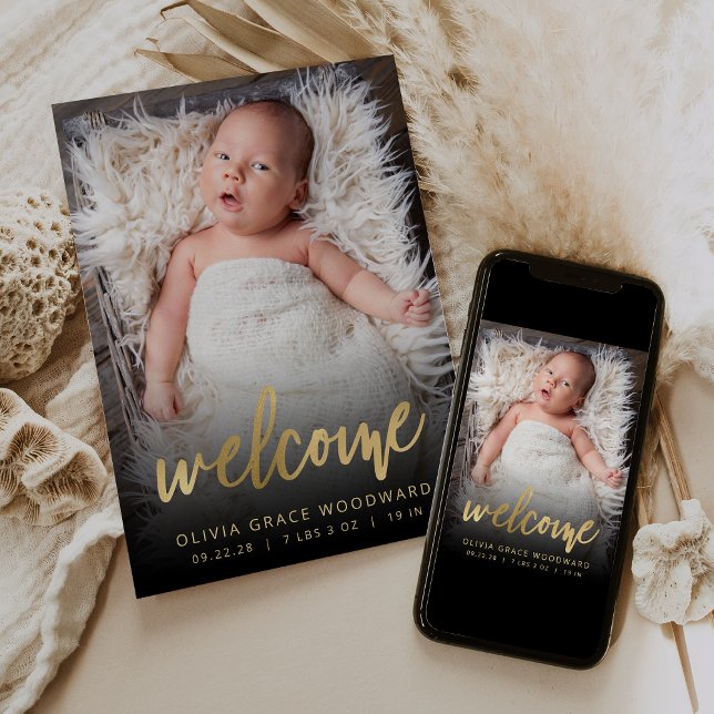 Photo Gold Script Black Welcome Birth Announcement (Creator Uploaded)