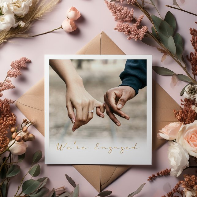 Photo, gold script engaged announcement party ('Engaged' photo card! Featuring beautiful decorative script in a stunning gold effect text.)
