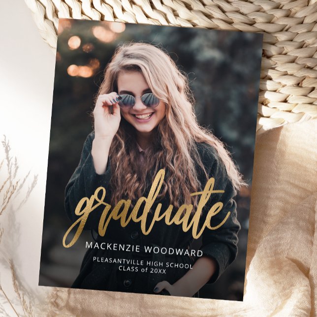 Photo Gold Script Graduation Announcement Postcard (Creator Uploaded)