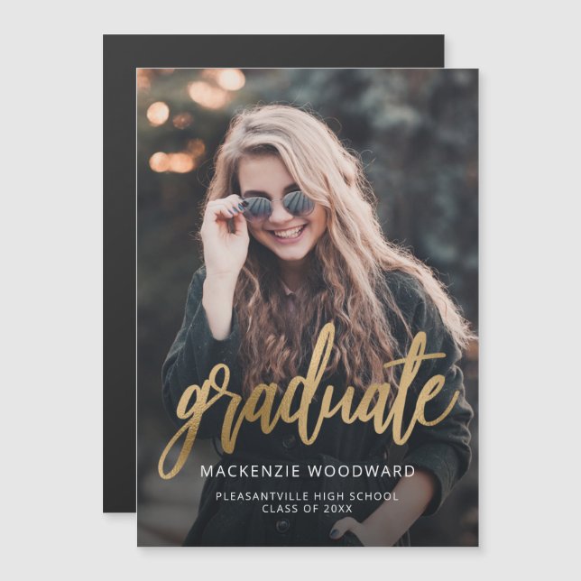 Photo Gold Script Magnetic Graduation Announcement (Front/Back)