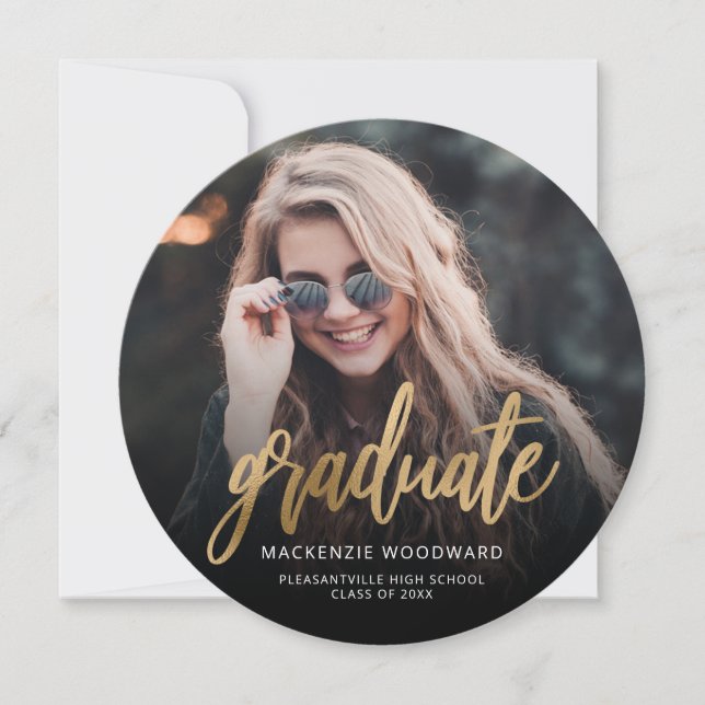 Photo Gold Script Round Grad Announcement (Front)