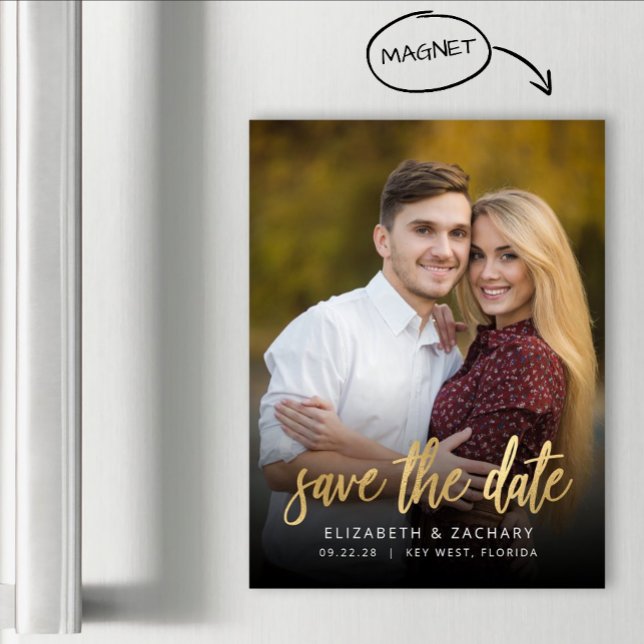 Photo Gold Script Save the Date Magnetic Card (Creator Uploaded)