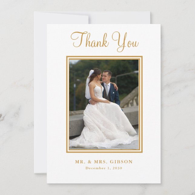 Photo Gold Script Wedding Thank You Card (Front)