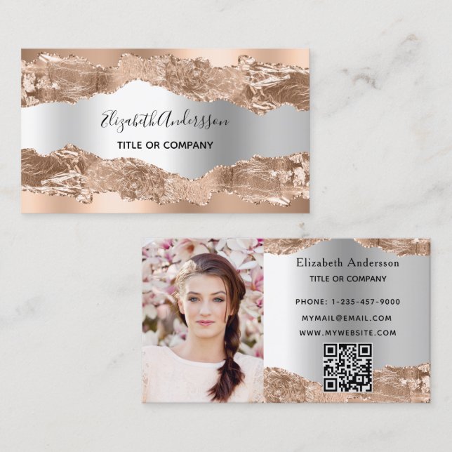 Photo gold silver agate marble qr code business card (Front/Back)