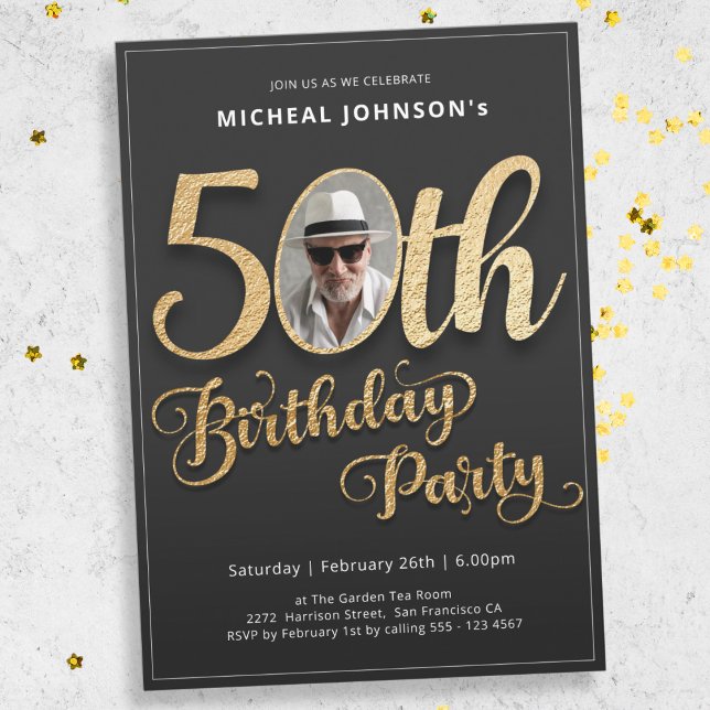 Photo Gold Typography 50th Birthday Party Invitation (Mockup View)