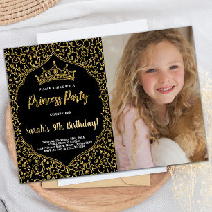 Photo Golden Glitter Black Pink Princess Birthday Invitation