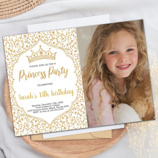Photo Golden Glitter White Princess Birthday Invitation (Photo Golden Glitter White Princess Birthday Invitation)