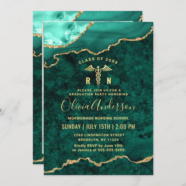 Photo Golden Green Nursing School Graduation Party Invitation (Front/Back)