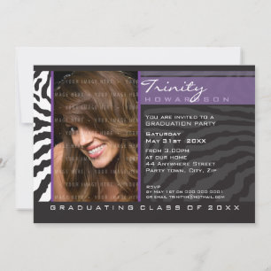PHOTO GRAD PARTY INVITE zebra stripe purple