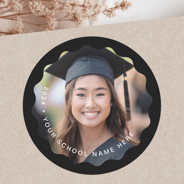 Photo grad school graduation black wavy border classic round sticker (Photo grad school graduation black wavy border classic round sticker)