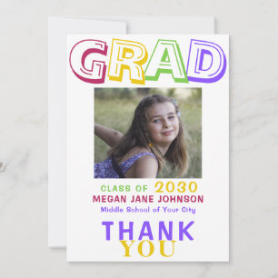 Photo graduate colourful 8th grade grad typography thank you card