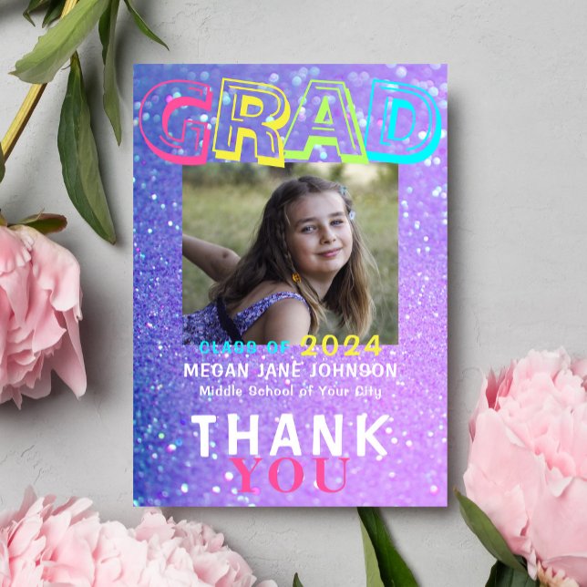 Photo graduate girly 8th grade grad typography thank you card (Creator Uploaded)