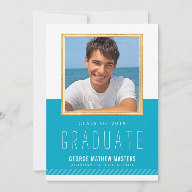 PHOTO GRADUATE minimal cute gold frame bright blue Invitation (Front)