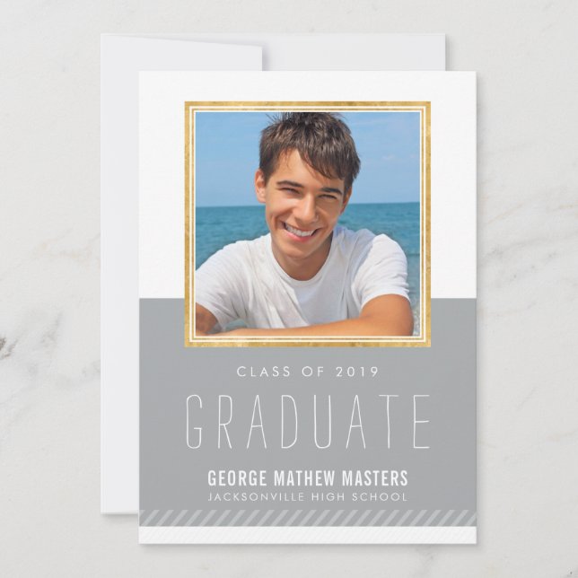 PHOTO GRADUATE minimal cute gold frame cool grey Invitation (Front)