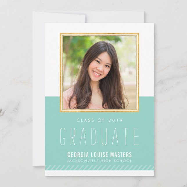 PHOTO GRADUATE minimal cute gold frame pastel mint Invitation (Front)