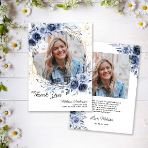 Photo Graduate Navy Blue Flowers Thank you Card