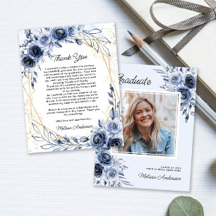Photo Graduate Navy blue flowers Thank you Card