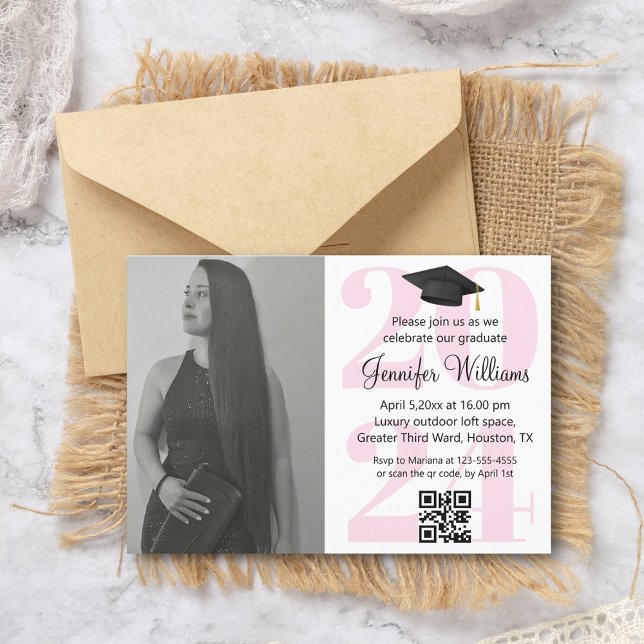 photo graduation 2024 party qr code minimal pink invitation (Creator Uploaded)