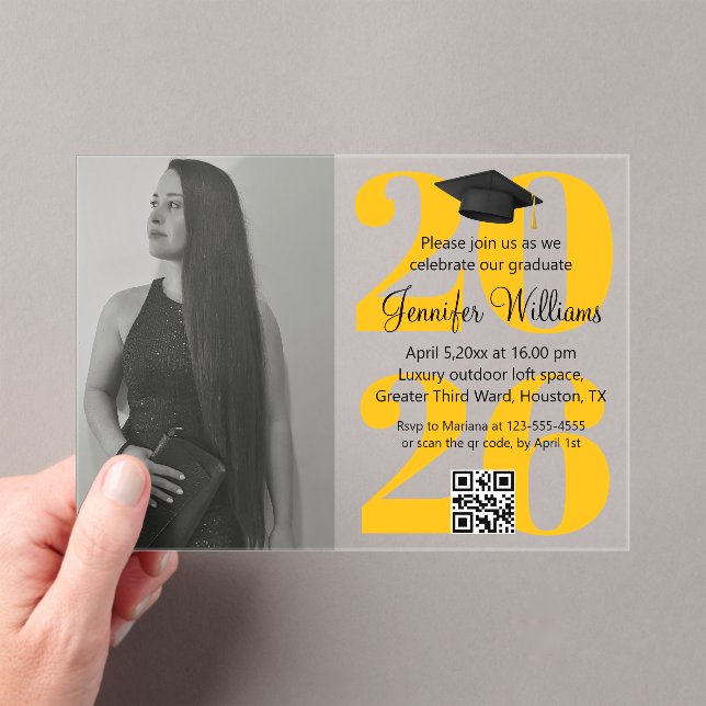 photo graduation 2025 party qr code orange yellow acrylic invitations (Insitu (Handheld))