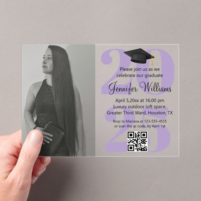 photo graduation 2025 party qr code purple script acrylic invitations (Insitu (Handheld))