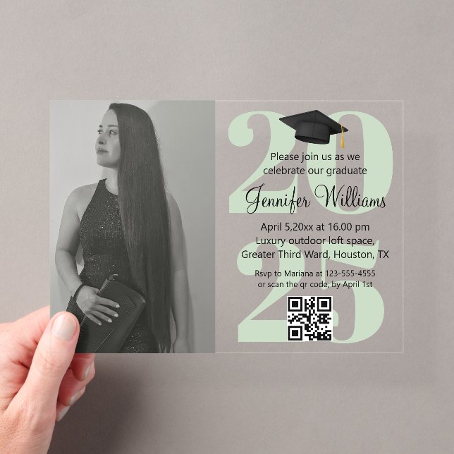 photo graduation 2026 party qr code green script acrylic invitations (Insitu (Handheld))