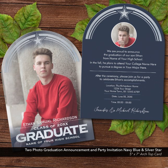 Photo Graduation Announcement and Party Invitation (Two Photo Graduation Announcement & Invite: Dark Navy Blue & Faux Metallic Silver Embossed Details.)