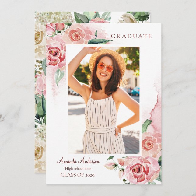 Photo Graduation Announcement, Elegant, Floral Invitation (Front/Back)
