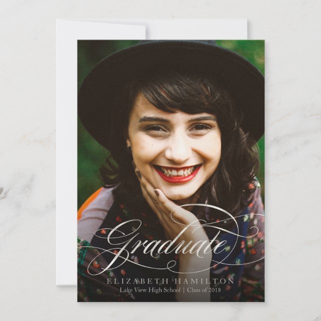 Photo Graduation Announcement Foil Silver Script (Front)