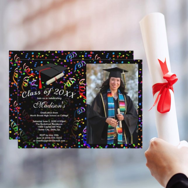 Photo Graduation Black Cap Confetti Class of Party Invitation (Photo Graduation Black Cap Confetti Class of Party Invitation)