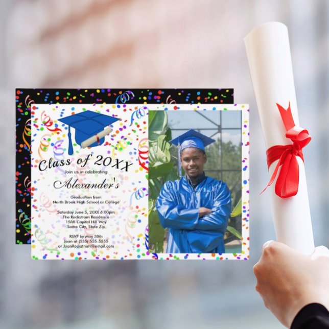 Photo Graduation Blue Cap Confetti Class Party Invitation (Photo Graduation Blue Cap Confetti Class Party Invitation)