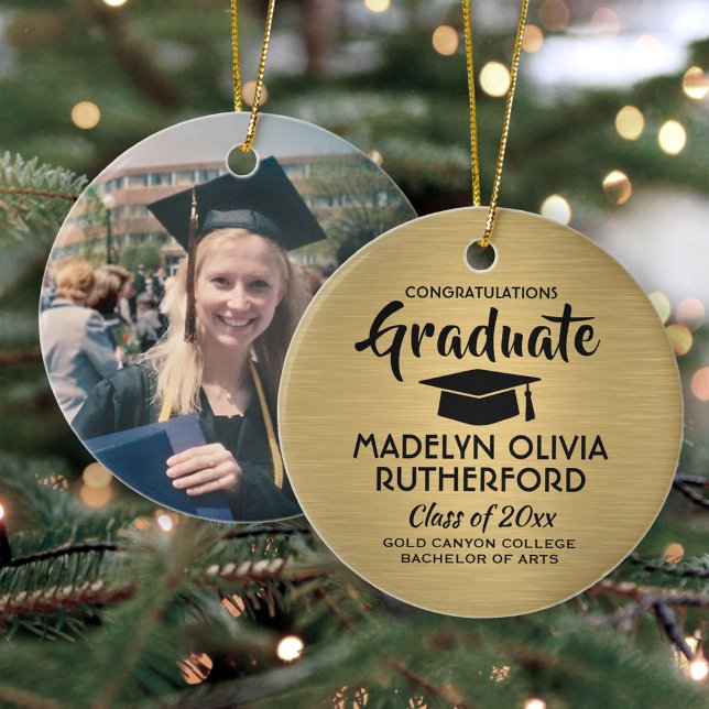 Photo Graduation Congrats Brushed Black and Gold Ceramic Ornament (Creator Uploaded)