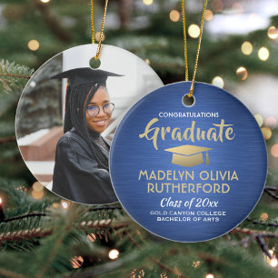 Photo Graduation Congrats Brushed Blue Gold White Ceramic Ornament